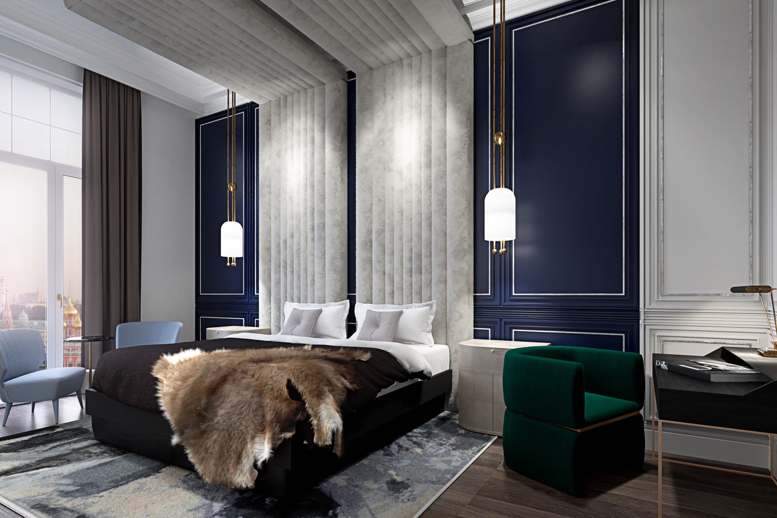 Luxury bedroom with navy blue wall panels, gold pendant lights and textured concrete
